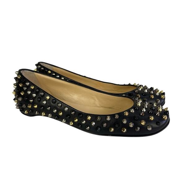 Christian Louboutin Leather Spiked Gozul Flats Black Square Toe Womens Size 38.5 - Picture 1 of 16
